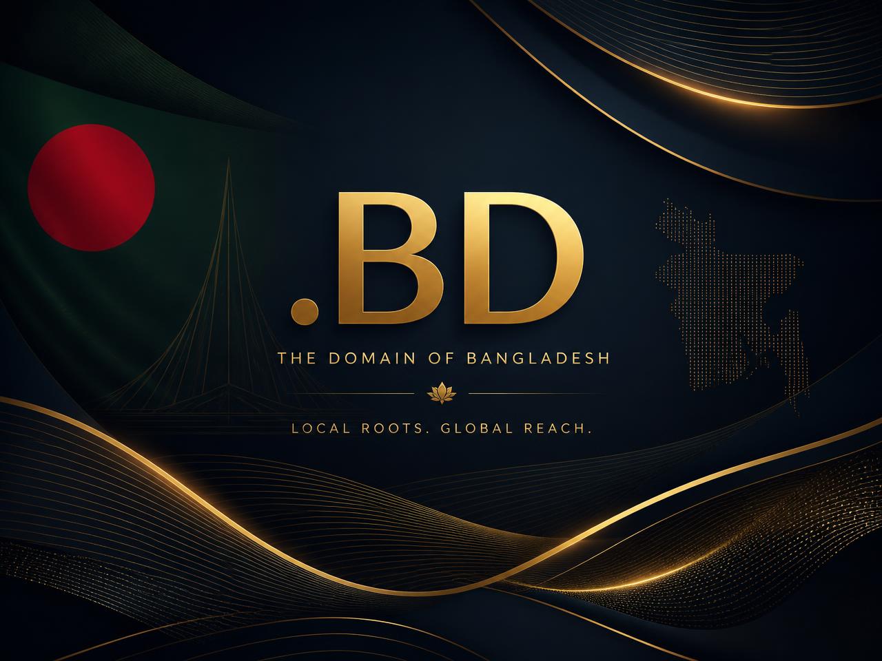 Luxury .BD digital identity visual: elegant navy and gold flowing lines with Bangladesh flag and map motifs